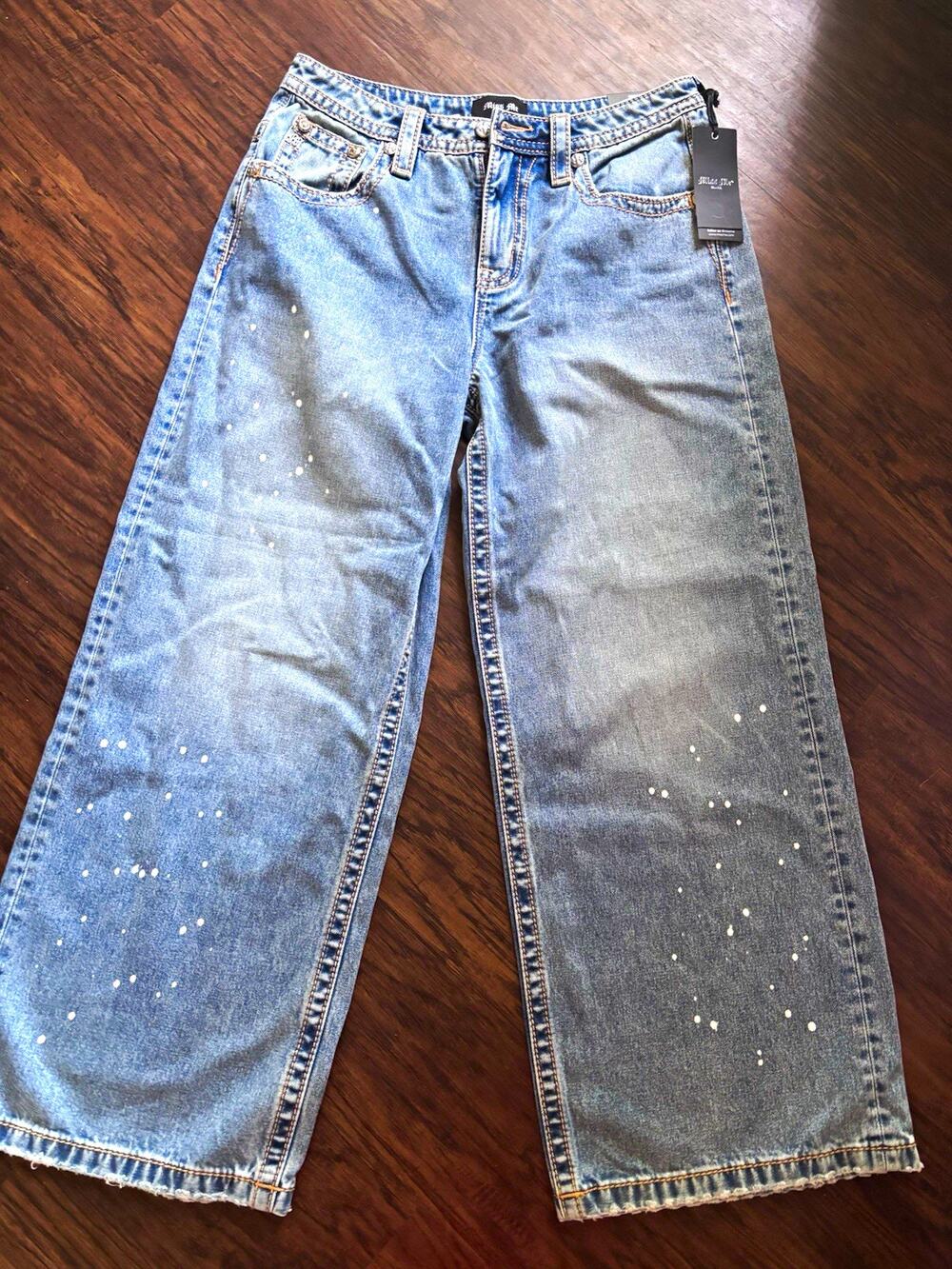 Miss Me NWT Women’s Blue Medium Wash Denim Baggy Wide-Leg Jeans Mid Rise Logo